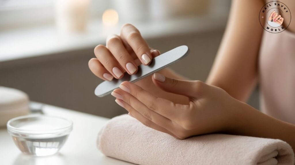 How to file nails oval shape at home — beginner filing tutorial showing natural nails shaped into a soft oval using a glass nail file for a feminine manicure.