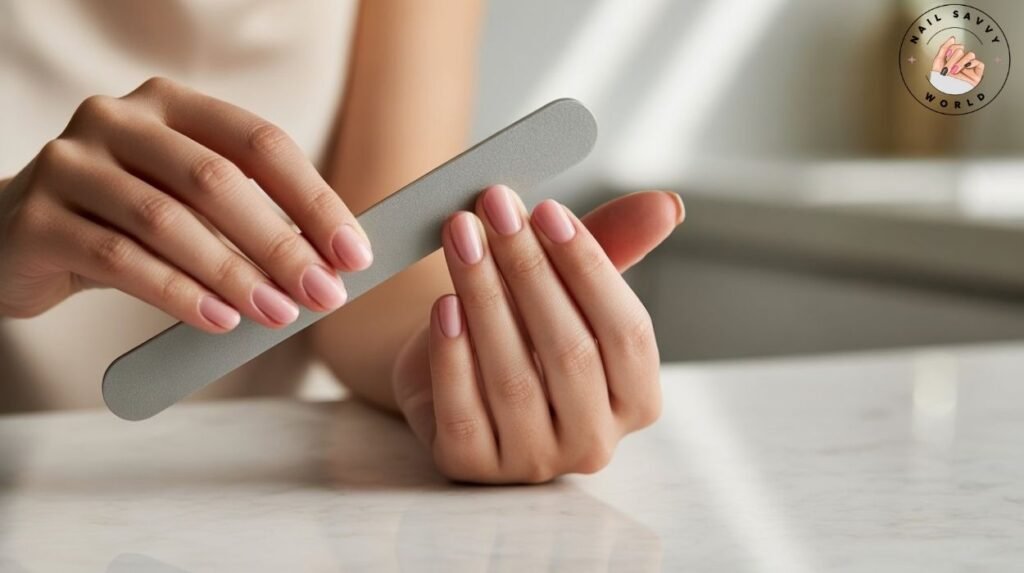 How to file nails round short chic shape at home using a glass nail file — step-by-step nail shaping tutorial for beginners.
