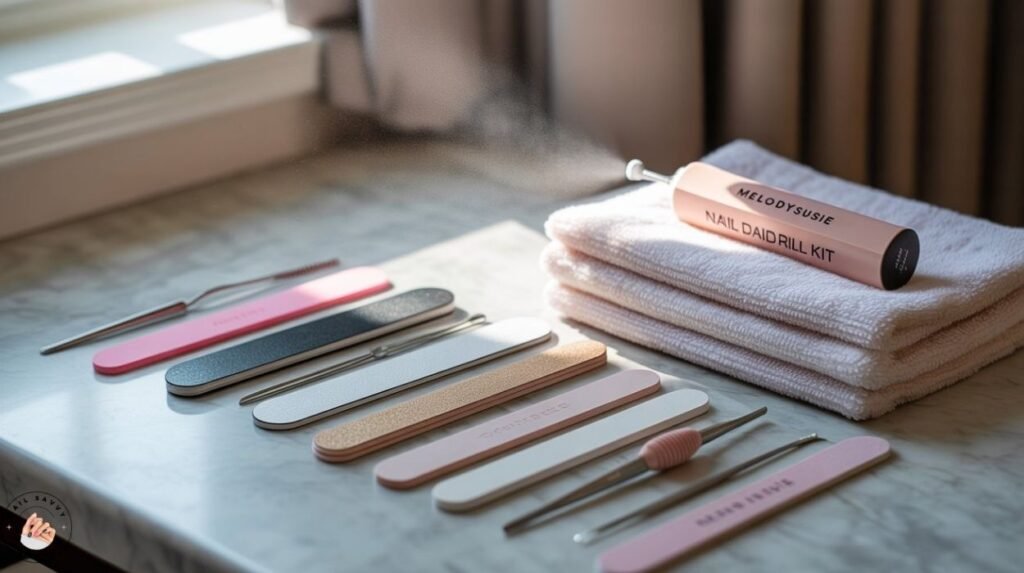 How to file nails at home like a pro — nail care tools including nail file, buffer, cuticle pusher, and clippers arranged on a towel.