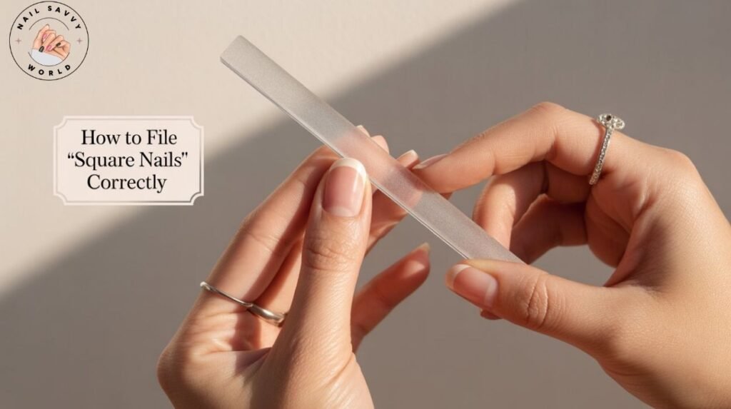 How to file square nails correctly — medium-length nude nails being shaped with a nail file at a 90-degree angle for a clean, classic square nail shape.