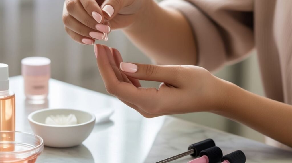 Close-up of natural nails after acrylic removal with cuticle oil being applied, showing how to protect your nails after acrylics with hydration and nail strengthener.