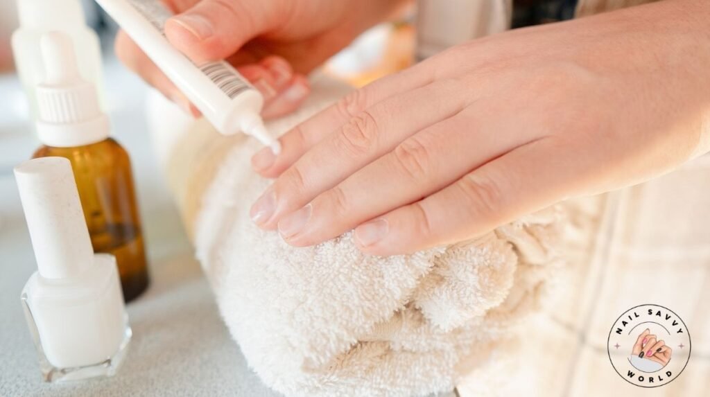 Close-up of short nude nails protected with nail protector – nail care tips for active lifestyles.