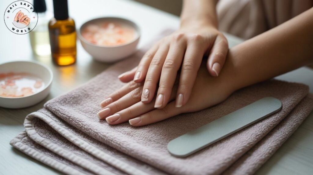 Hands placed on a towel with nail care tools and a soaking bowl — step-by-step guide on how to repair damaged nails at home.
