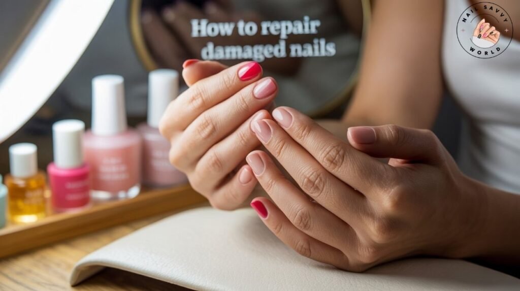 How to repair damaged nails from acrylic – short natural nails with clear strengthening polish, cuticle oil, and nail buffer for healthier, stronger nails.