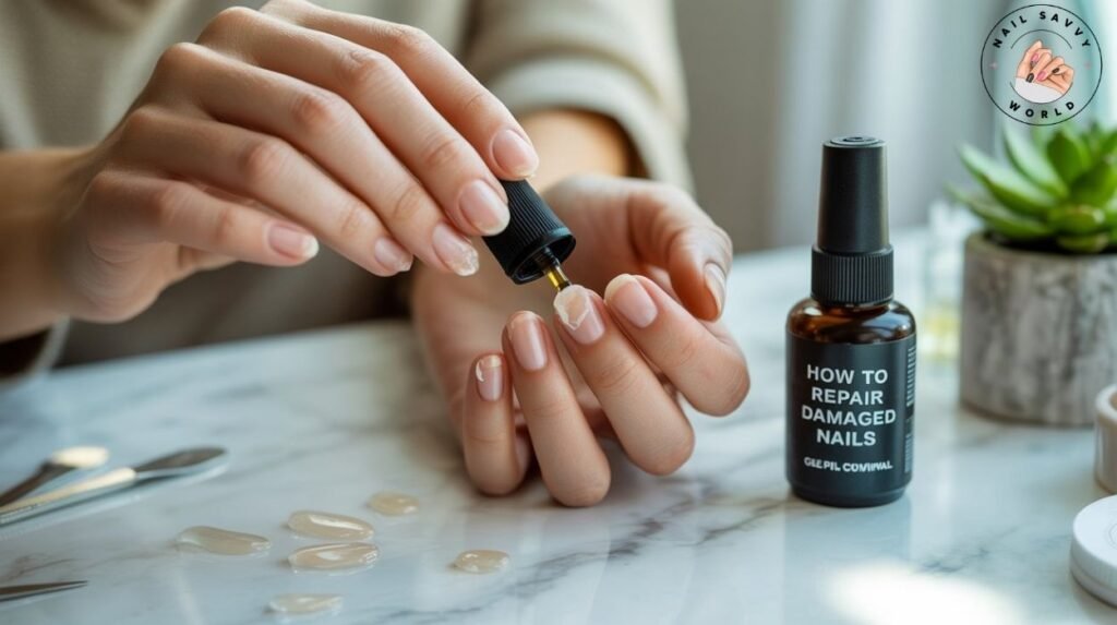 "Natural nails recovering after gel polish removal with cuticle oil and strengthening polish – how to repair damaged nails from gel at home."