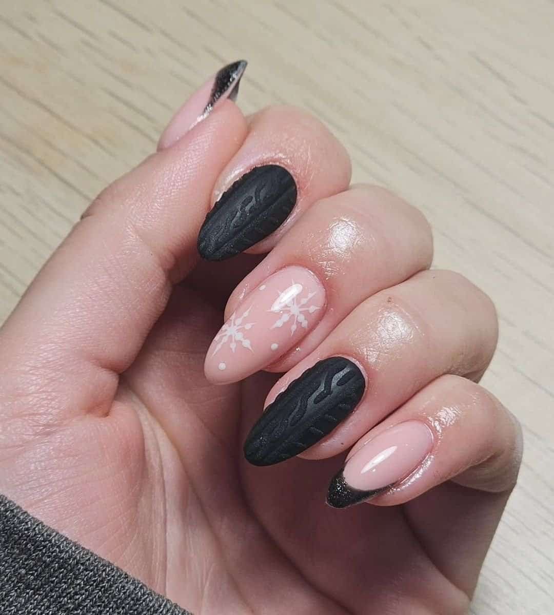 Matte Black Sweater Nails with Soft Snowflakes and black French tips
