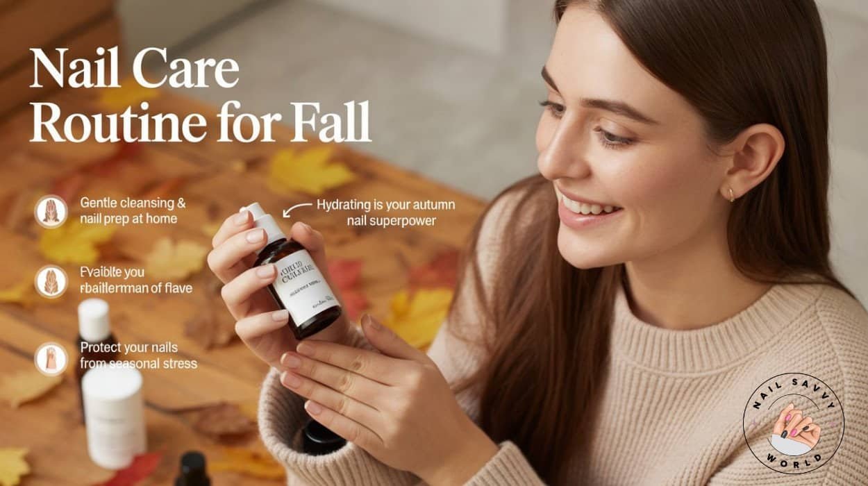 Smiling woman with healthy nails in an autumn-themed infographic showing nail care routine for fall, 5 steps to stronger and healthier nails during the autumn season.