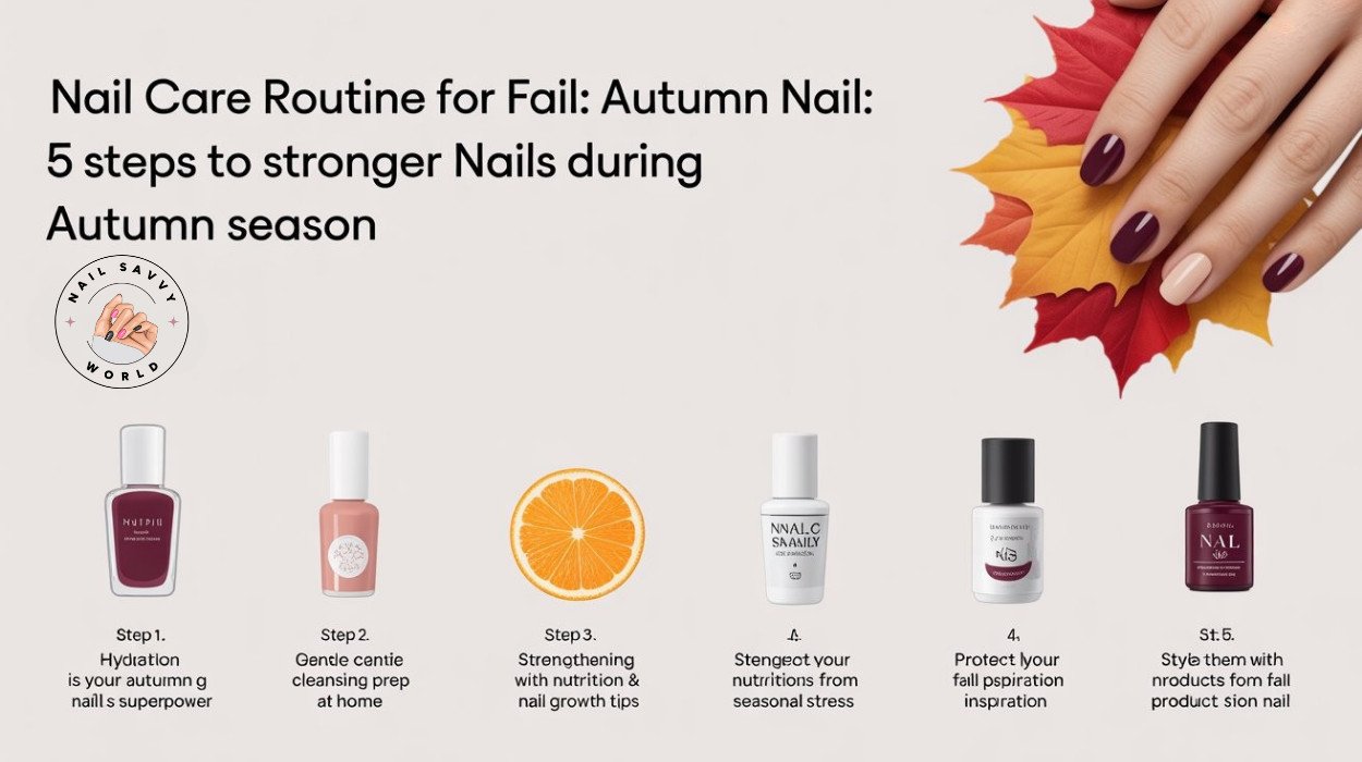 Infographic showing a nail care routine for fall with five steps: hydration, nail cleansing, nutrition for nail growth, protection in cold weather, and styling with fall nail designs.