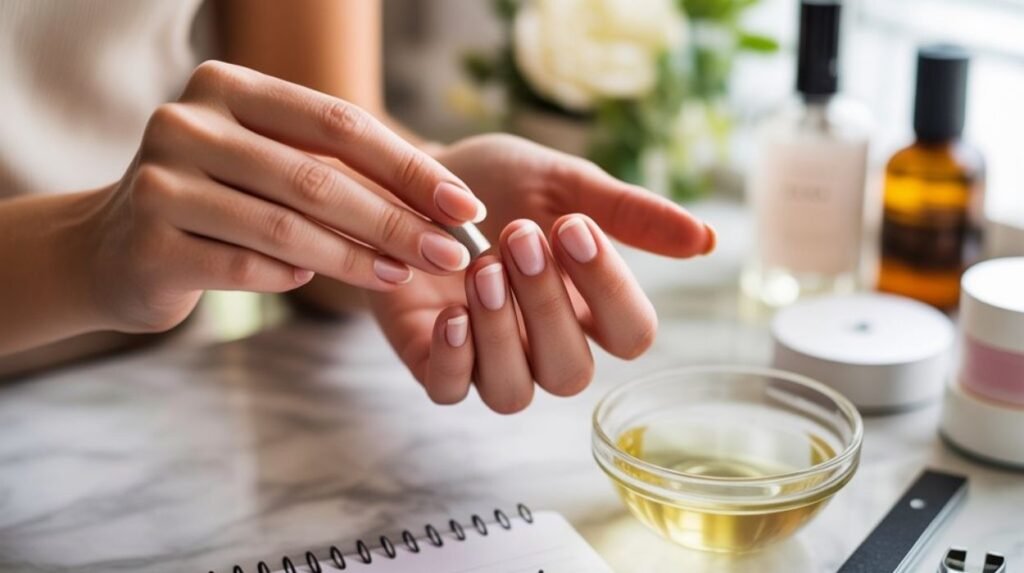 DIY nail care at home with cuticle oil massage, olive oil soak, and coconut oil for stronger, healthy natural nails