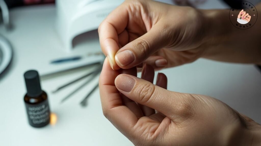 “Dry nails with visible cracks being treated with cuticle cream and nail oil as part of nail splitting remedies and dry nail care”