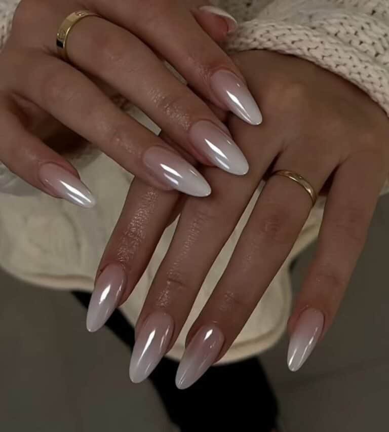 Nude & White Ombre Glazed Chrome Nails