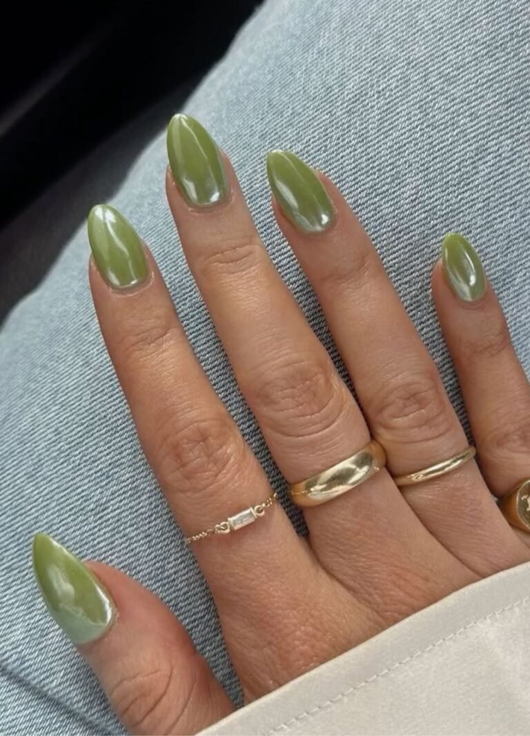Clear Vibrant Image of Olive Chrome Nails For Fall