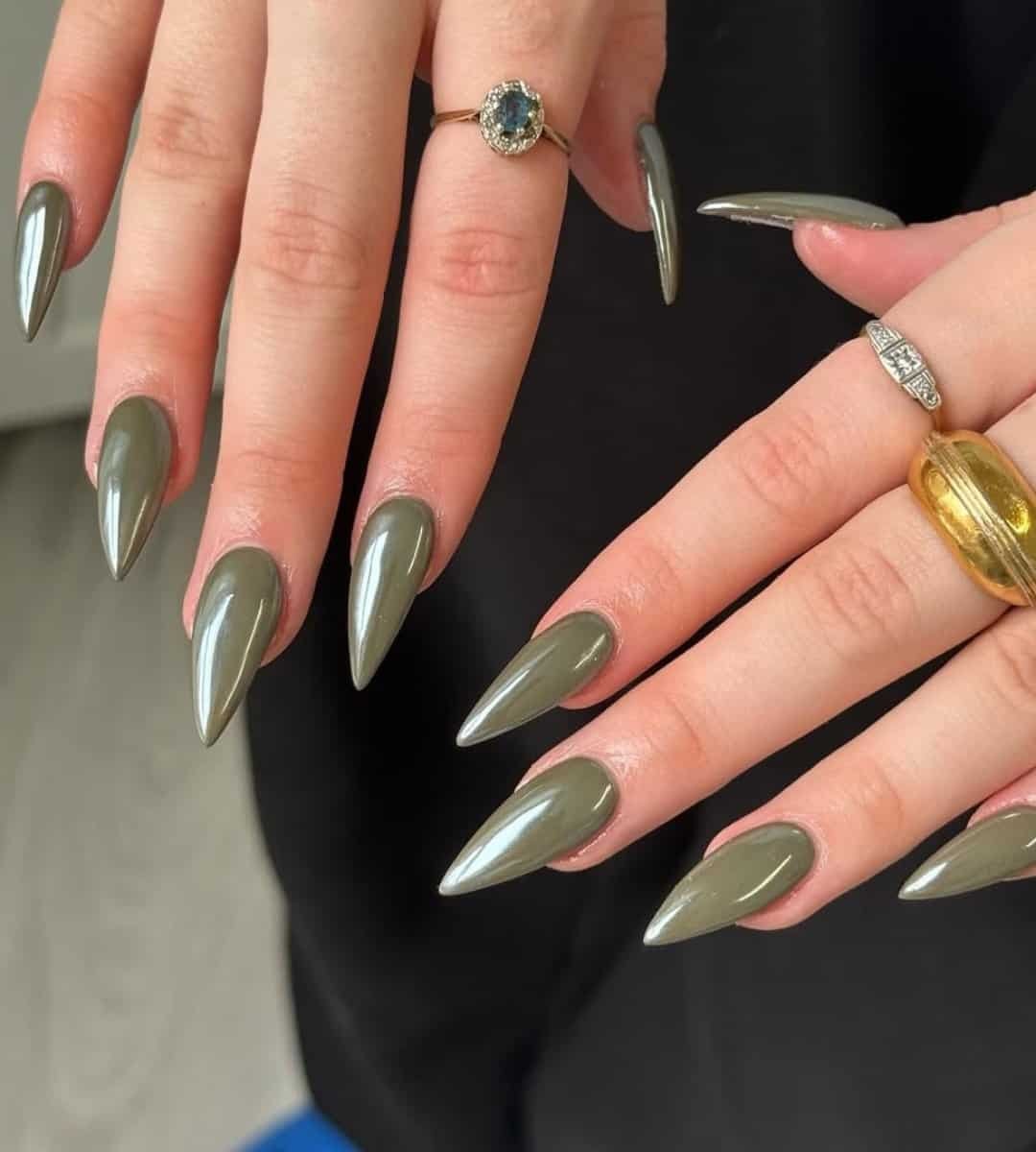 Olive Green Chrome Nails