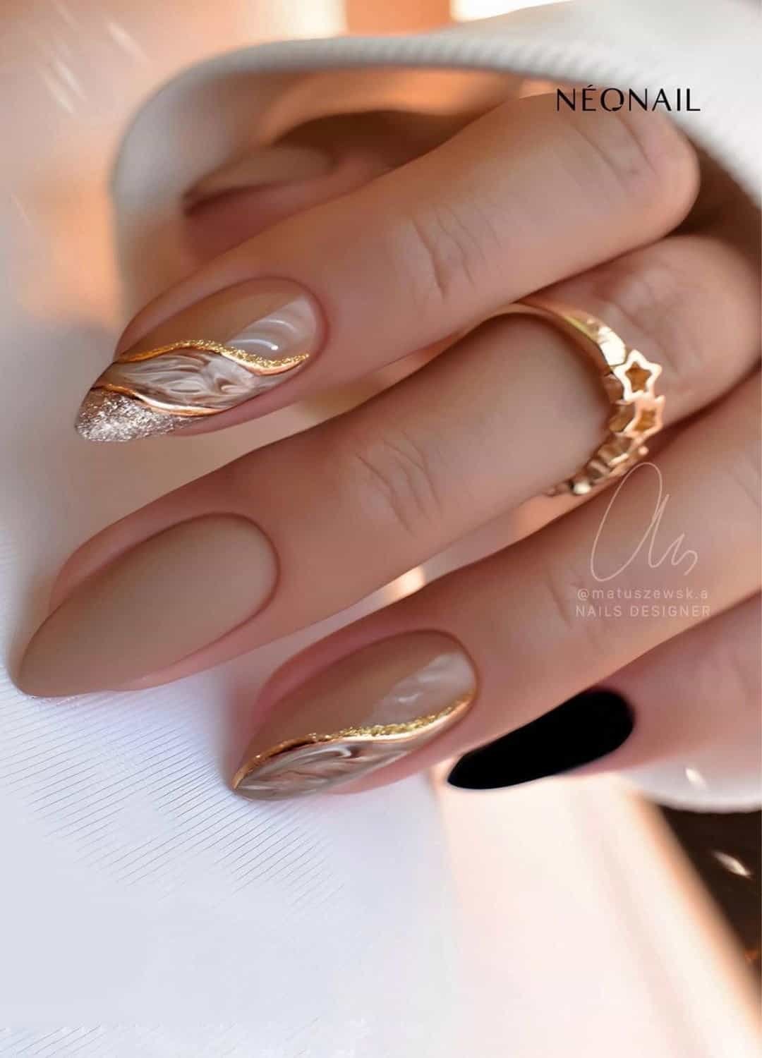 Autumn nails featuring Peach & Golden Foil with swirls Volcano Effect - fall nail ideas