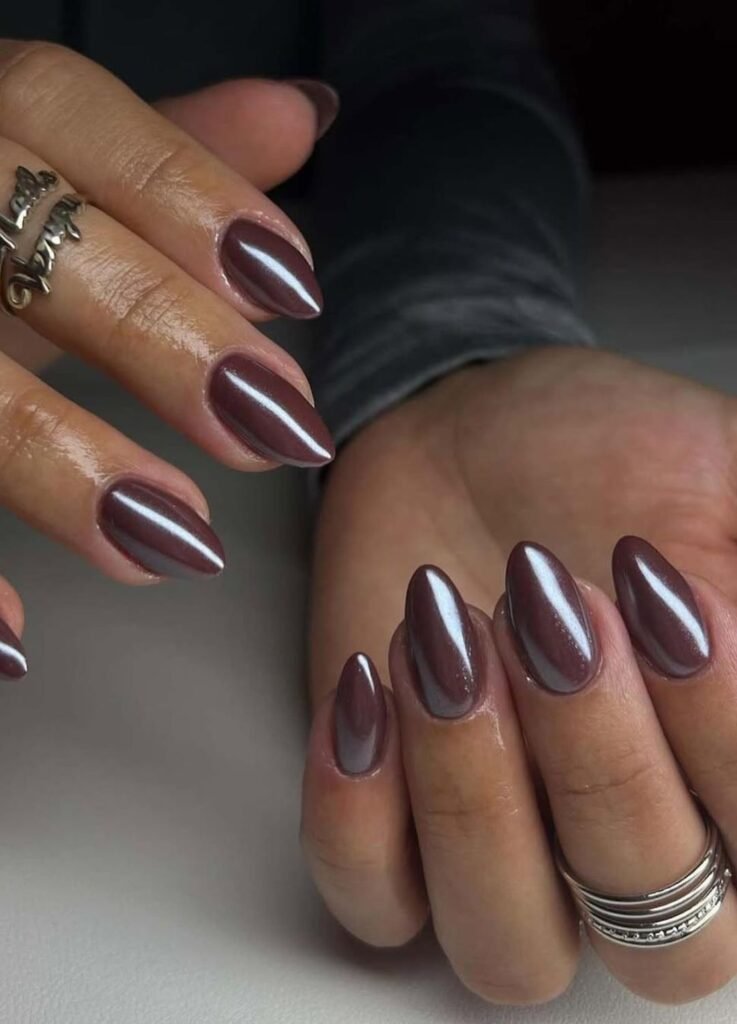 brown nails but upgraded with a pearly chrome finish that shimmers under warm lighting
