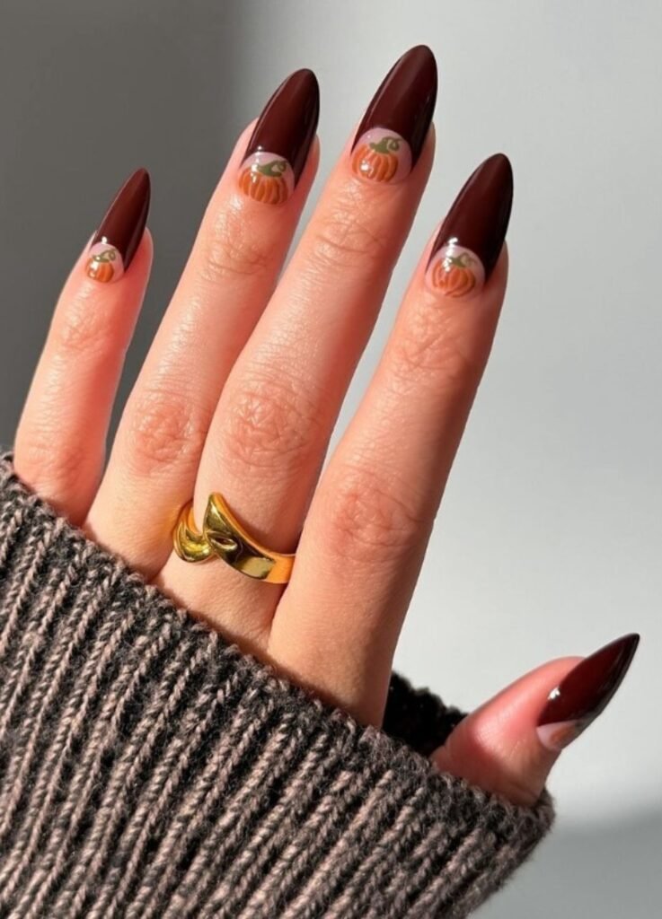 Two classic fall shades, pumpkin orange and cranberry red, come together for a bold, festive look.