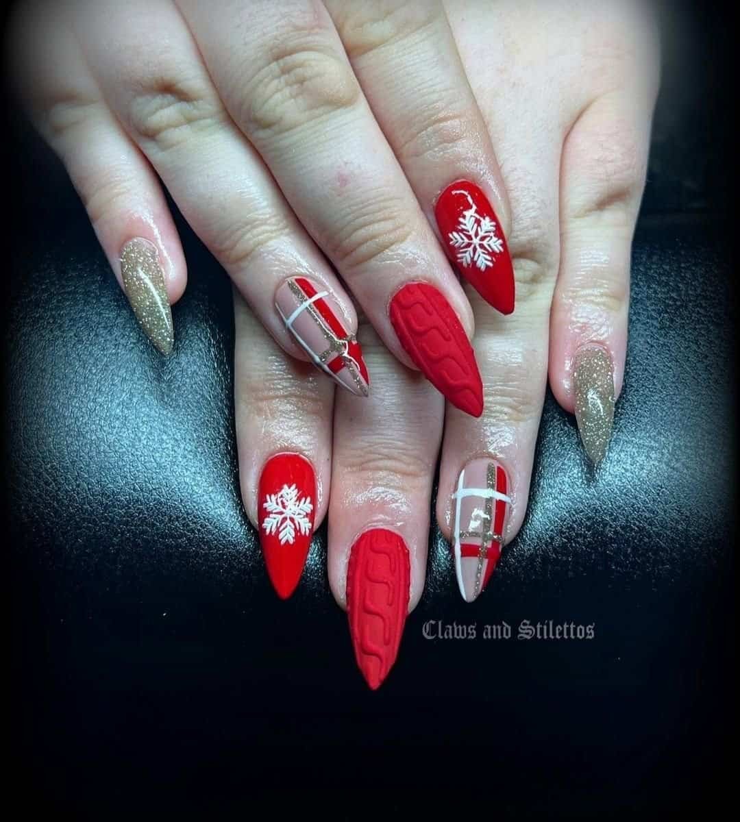 Image of Red Christmas Nails with Sweater & Snowflakes