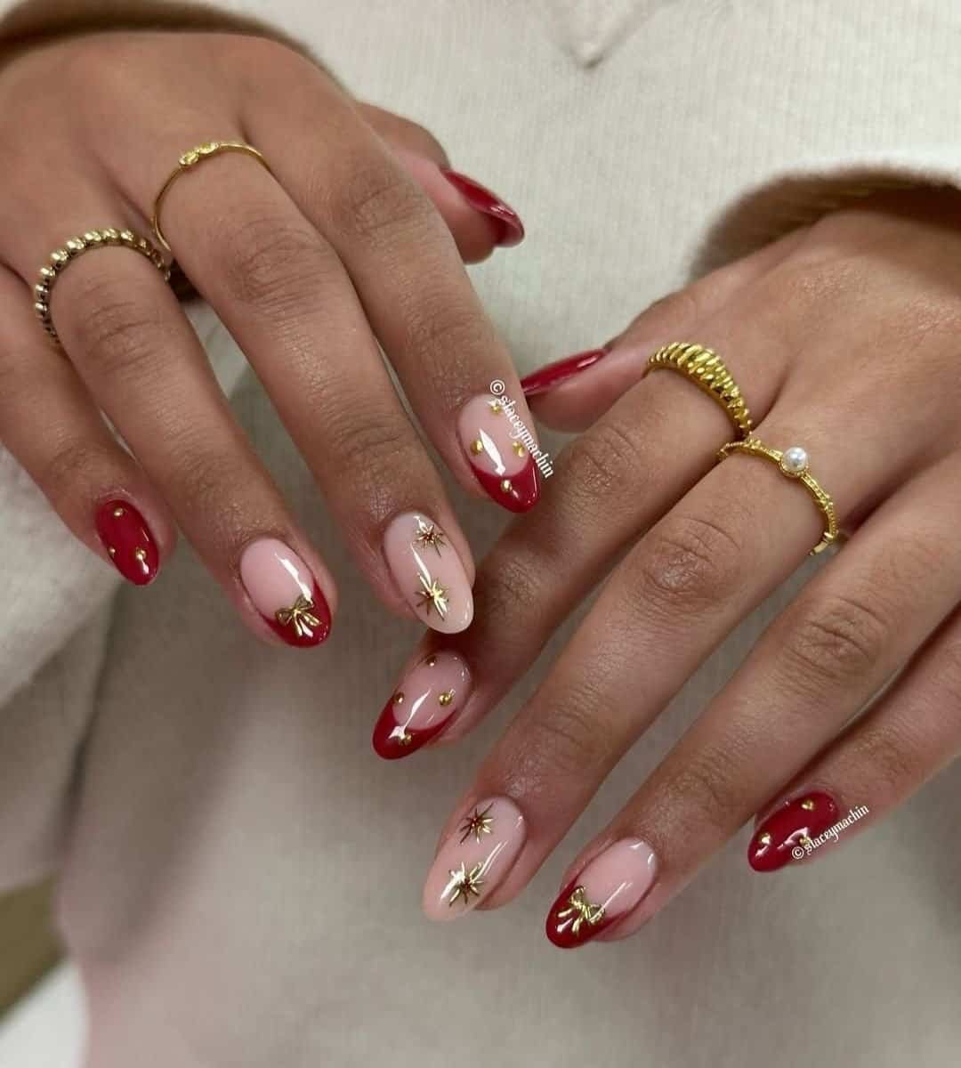 image of Red French Nails & Golden Details