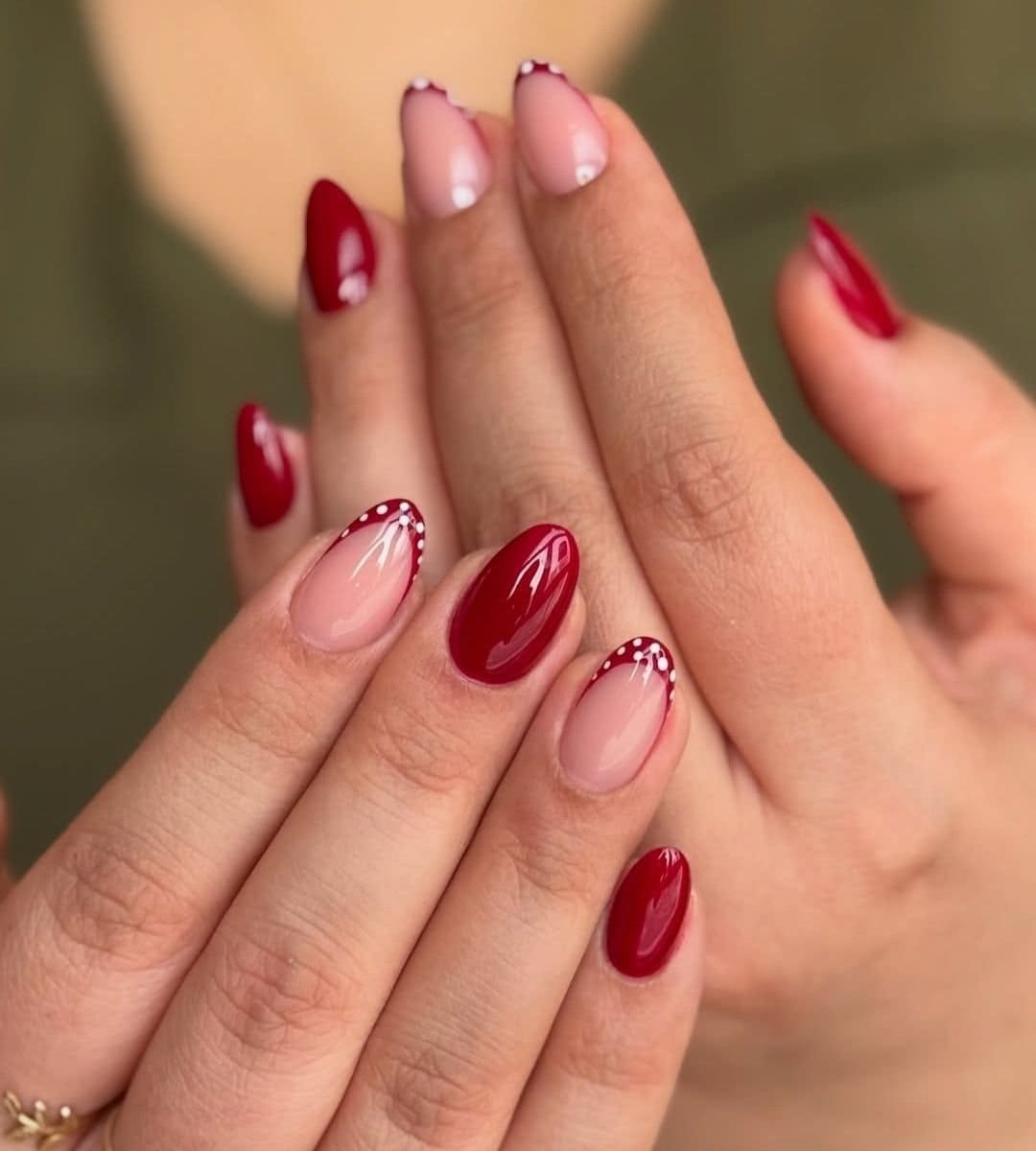 clear image of Red French Tip Nails with Polka Dots Combo