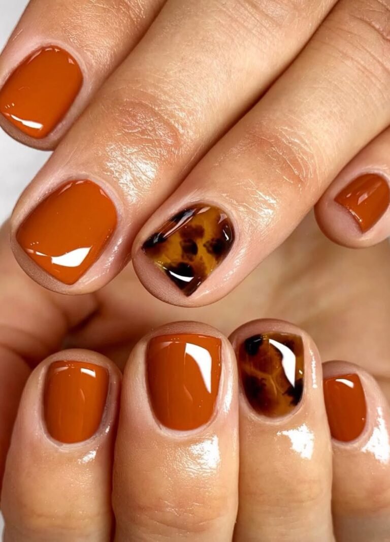 image of Short Glassy Brown nails & Tortoise Shell Nail Design