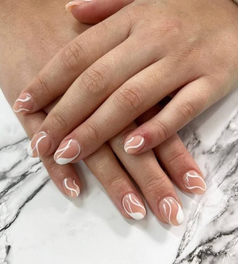 Short White Swirls Nails