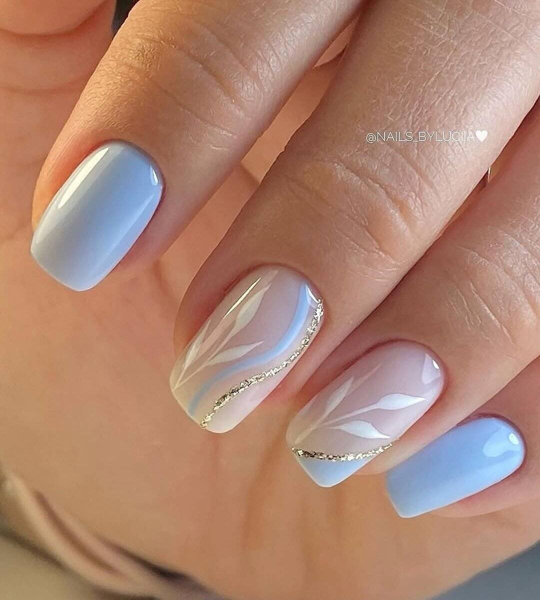 Sky Blue Nails With Swirls & Floral
