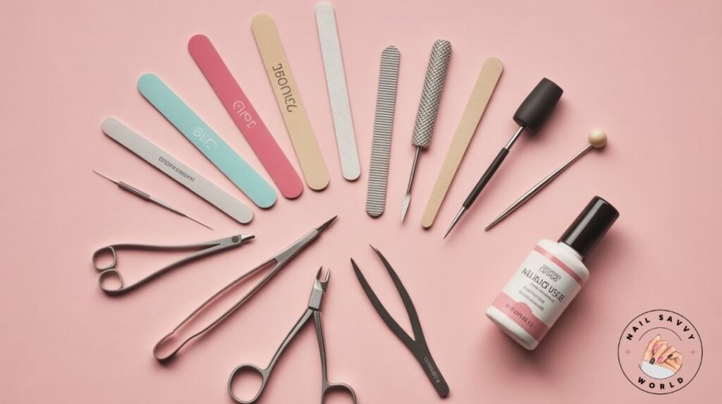 Tools you’ll need for a perfect nail filing routine — glass nail file, emery board, buffer block, cuticle pusher, nail clippers, and nail drill bits for shaping nails at home. How to File Nails