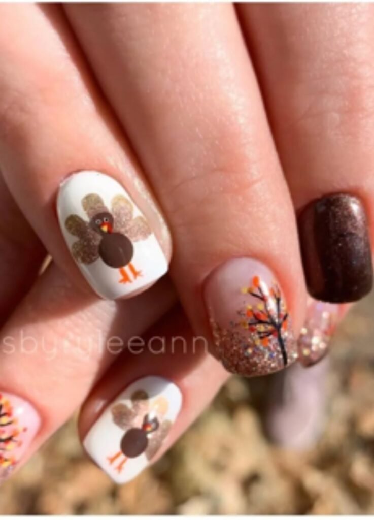 This look combines playful brown turkey art on a white base with a fall forest tree with colourful leaves as an accent