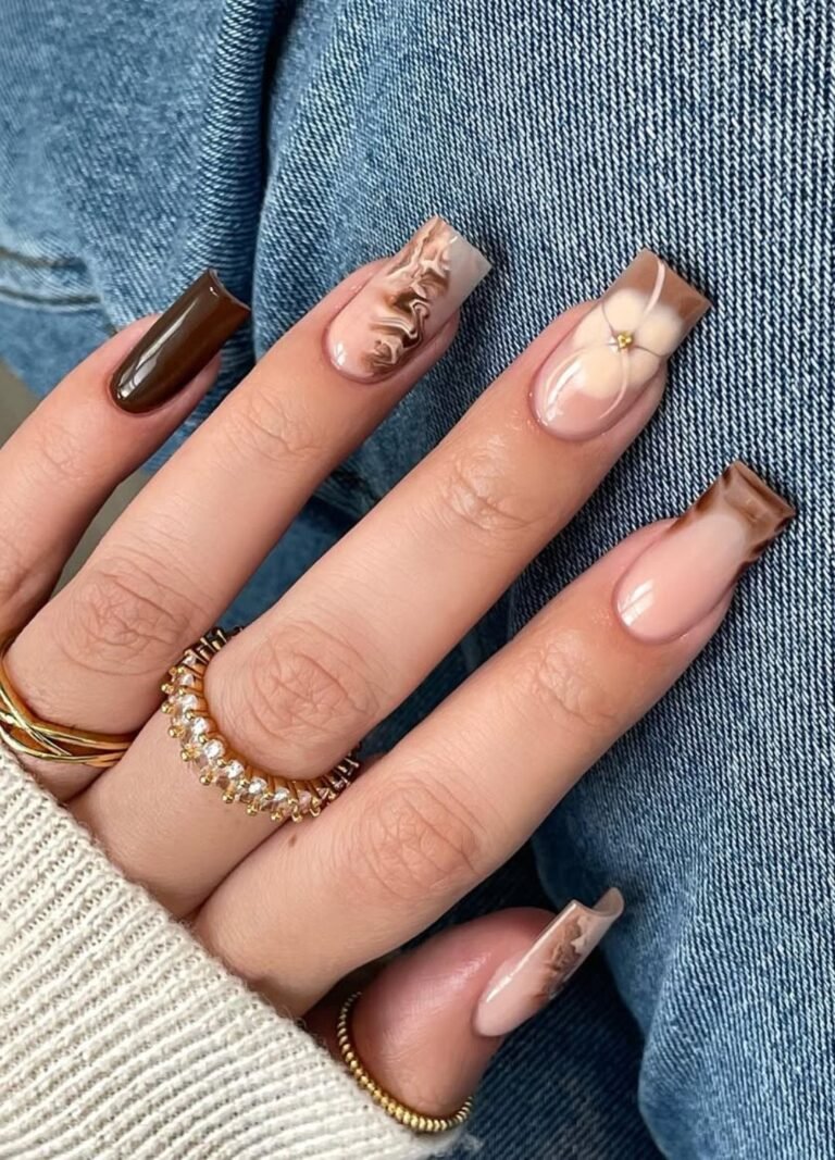 Vanilla Cream Square shaped nails. The Autumn French Nail art design