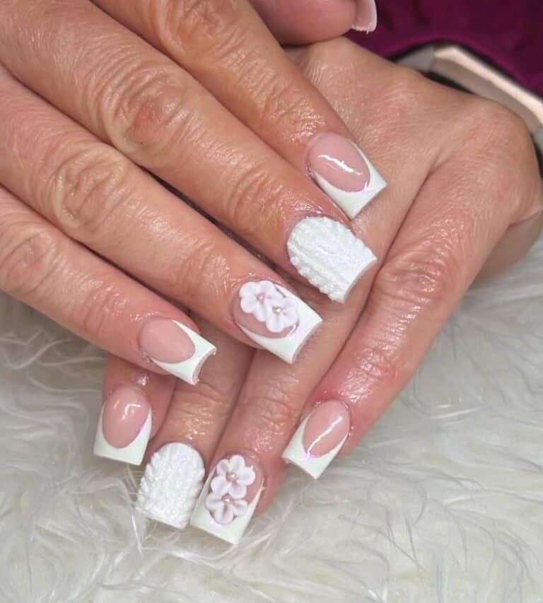 White 3D Floral & Sweater French Nails