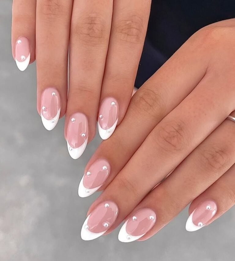 White French With 3D Pearls Nails