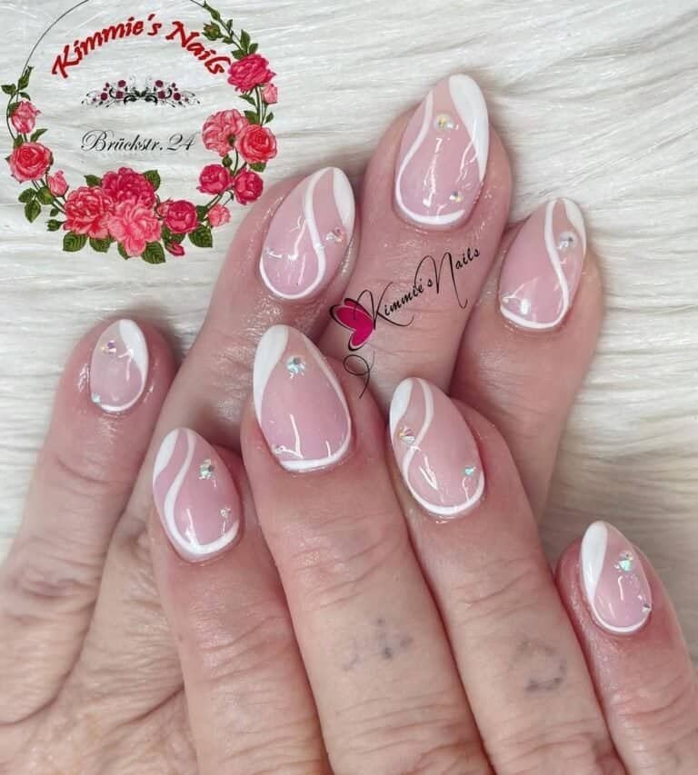 White Swirls & Pearls Nails