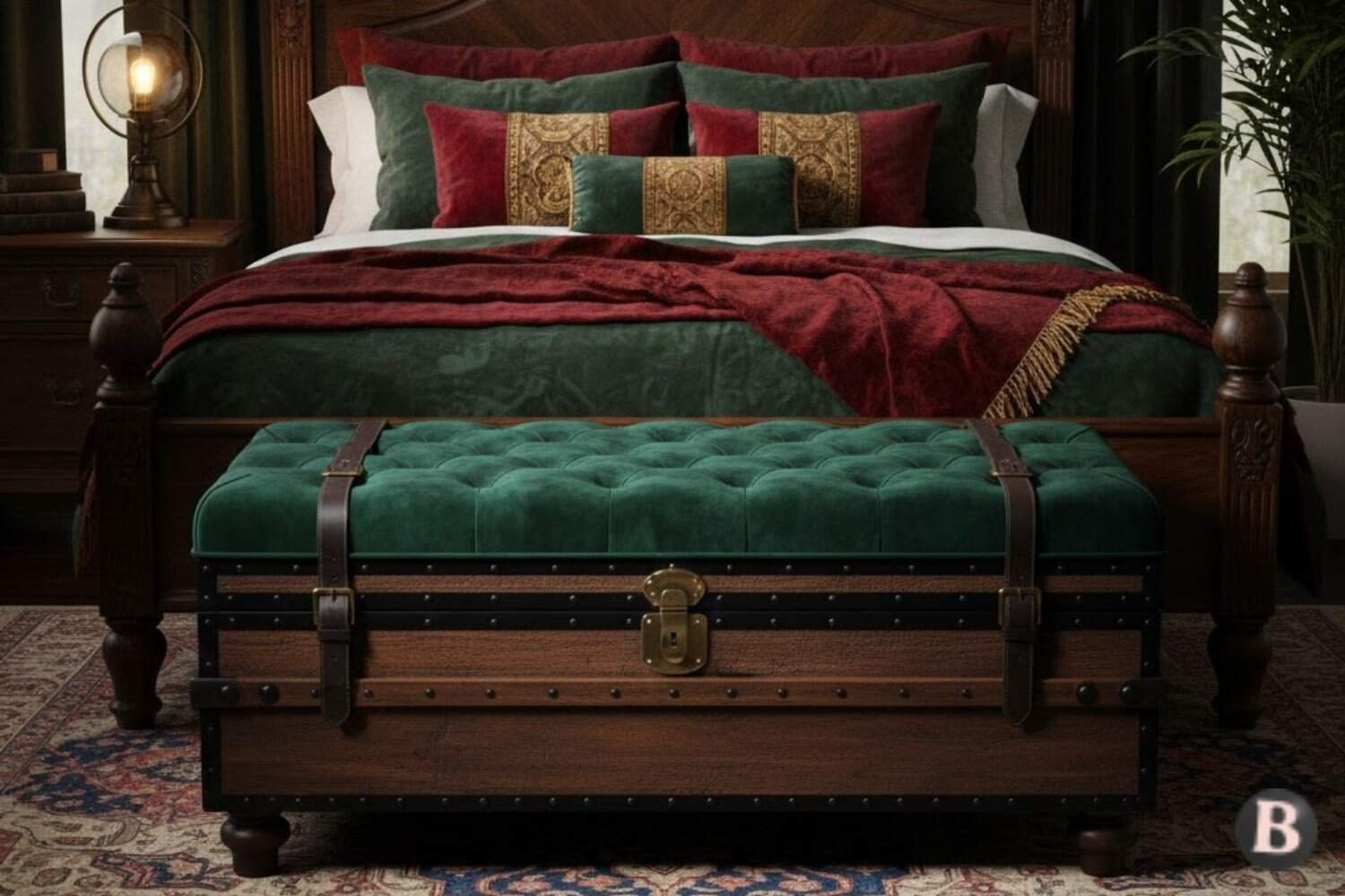 Image of Vintage Trunk Style Ottoman Bedroom Storage Bench