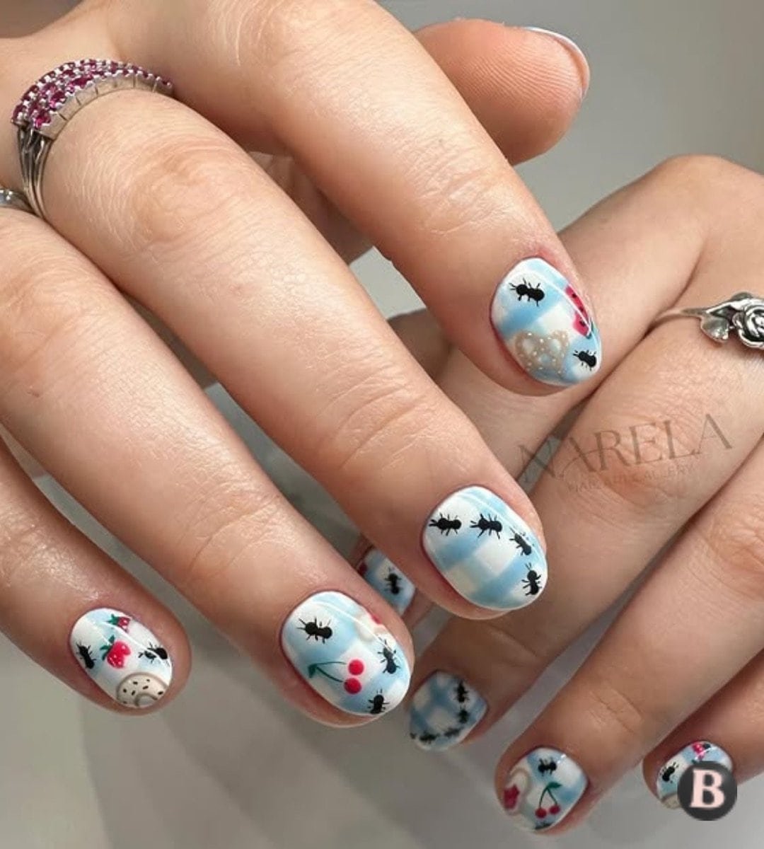 Copy of Nail Savvy World - Blue & White Checkered with Fruits & Ants Picnic Mani
