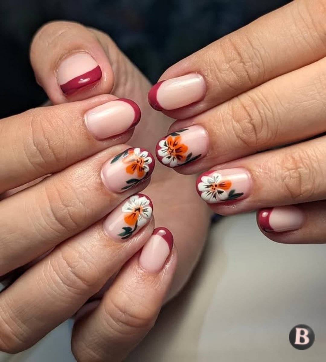 Copy of Nail Savvy World - Cheeky Autumn Floral & Wine French Tips Weekend Vibe