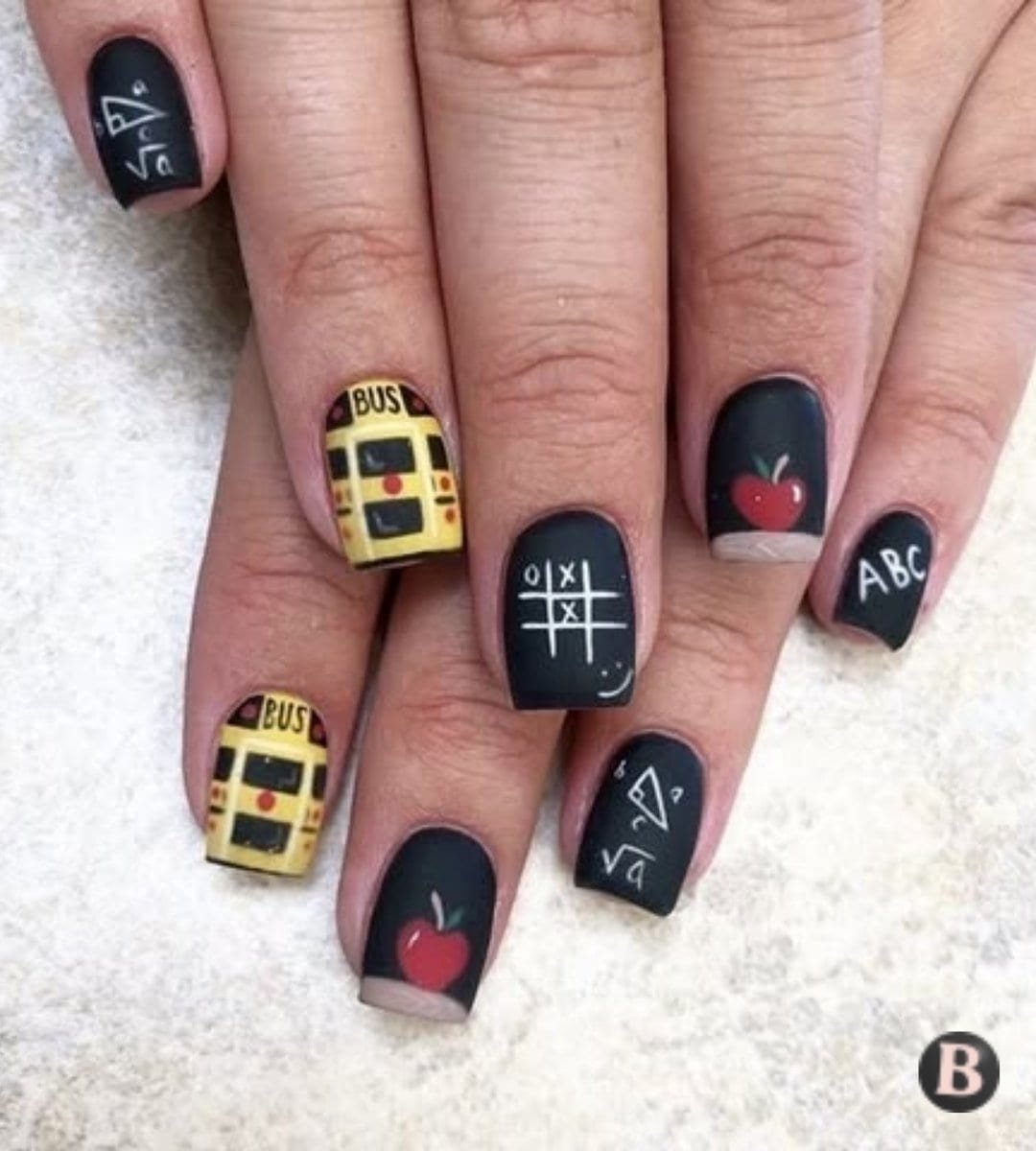 Matte Chalkboard School Bus & Red Apple Teacher Nails