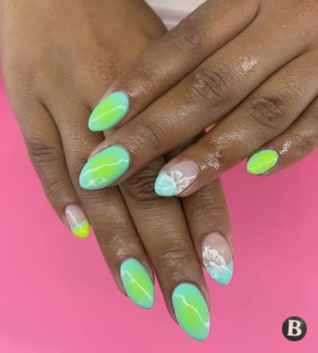 Neon Lime & Mint Hibiscus Aura Nails